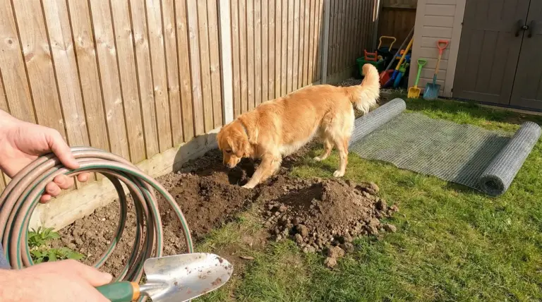 Cane che scava una buca in giardino mentre una persona prepara soluzioni per proteggere il prato