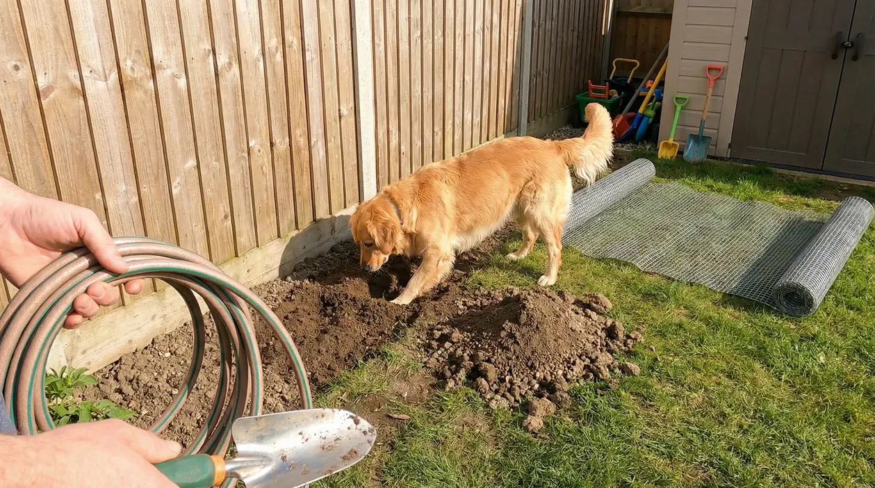 Cane che scava una buca in giardino mentre una persona prepara soluzioni per proteggere il prato