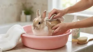 Coniglio in una bacinella mentre viene asciugato delicatamente durante il lavaggio in sicurezza