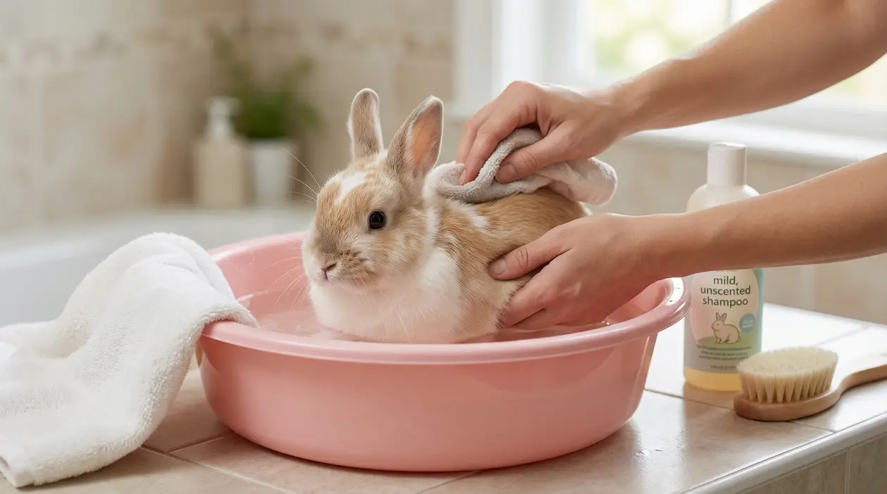 Coniglio in una bacinella mentre viene asciugato delicatamente durante il lavaggio in sicurezza