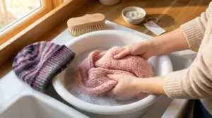 Persona che lava a mano una sciarpa di lana in acqua tiepida accanto a un cappello lavorato a maglia