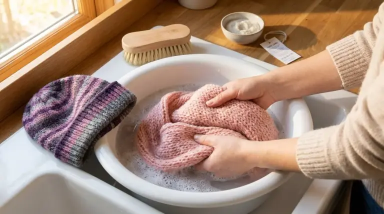 Persona che lava a mano una sciarpa di lana in acqua tiepida accanto a un cappello lavorato a maglia