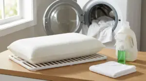 Cuscino in memory foam su griglia di asciugatura accanto a prodotti detergenti e lavatrice aperta