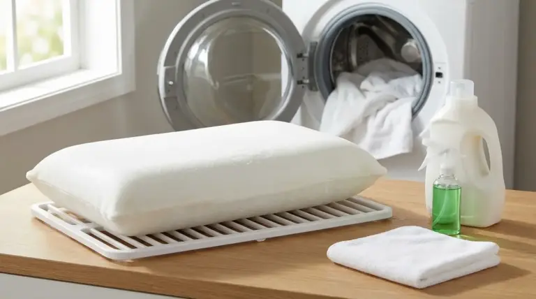 Cuscino in memory foam su griglia di asciugatura accanto a prodotti detergenti e lavatrice aperta
