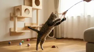 Gatto domestico che gioca con una bacchetta in salotto, accanto a tiragraffi e giochi per restare attivo in casa