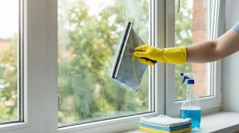 Mano con guanto giallo pulisce una finestra con tergivetro per eliminare aloni e sporco dal vetro