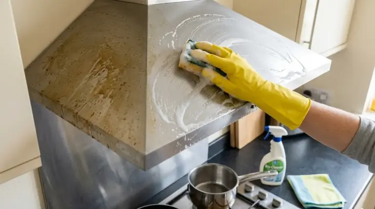 Mano con guanto giallo pulisce una cappa da cucina in acciaio piena di grasso con spugna e detergente