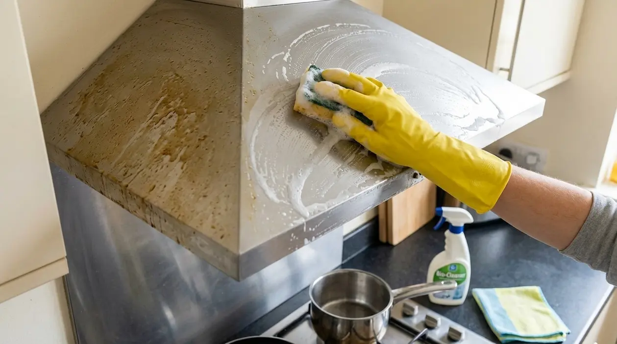Mano con guanto giallo pulisce una cappa da cucina in acciaio piena di grasso con spugna e detergente