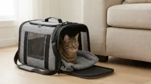 Gatto seduto in un trasportino morbido grigio aperto, ideale per viaggiare in sicurezza e comfort