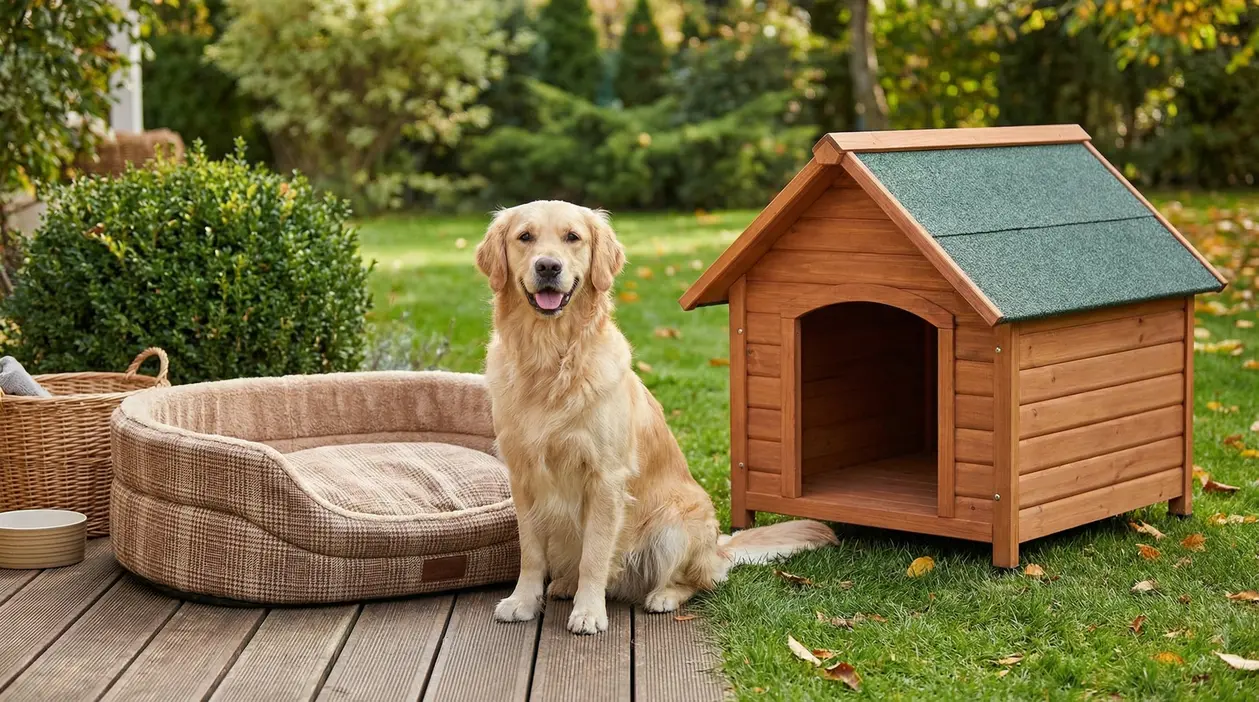 Cane in giardino accanto a una cuccia in legno e a una cuccia morbida, confronto tra soluzioni per ogni stagione