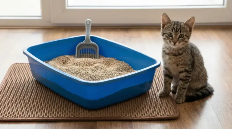 Gattino accanto a una lettiera blu con paletta, su tappetino in casa