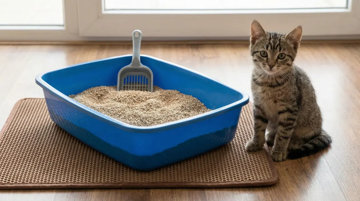 Gattino accanto a una lettiera blu con paletta, su tappetino in casa