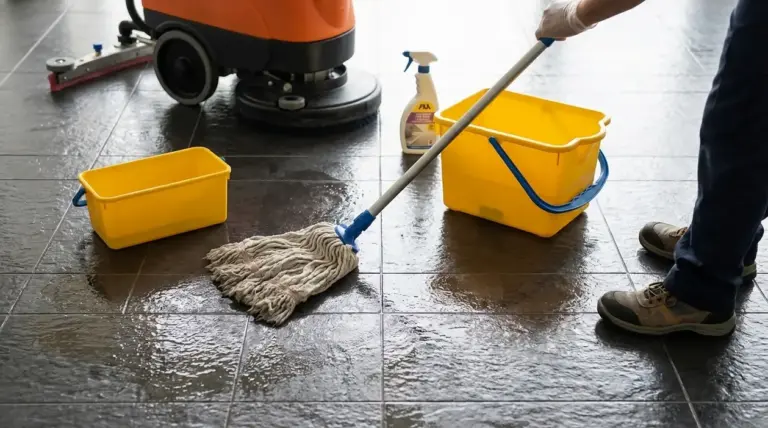 Persona che sgrassa un pavimento in gres scuro con mocio, secchi e detergente sgrassante