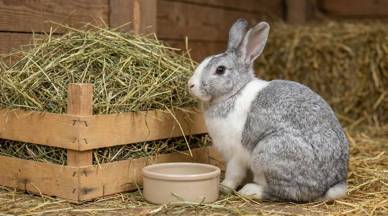 Coniglio grigio e bianco accanto a una mangiatoia piena di fieno in una conigliera