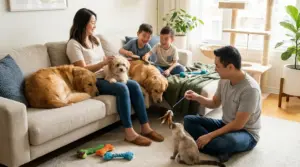 Famiglia in salotto che gioca e si prende cura di cani e un gatto in un momento di convivenza domestica