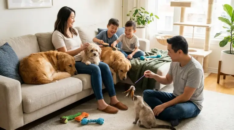 Famiglia in salotto che gioca e si prende cura di cani e un gatto in un momento di convivenza domestica