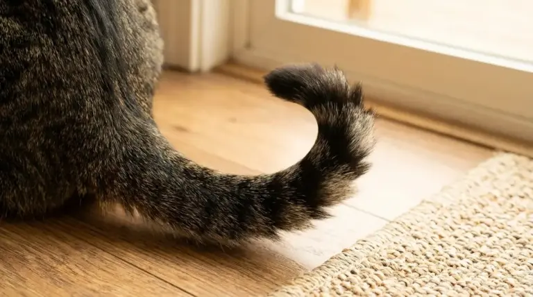 Coda di un gatto tigrato curva verso l’alto vicino a una finestra, in casa