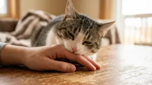Gatto che morde piano la mano di una persona in casa, gesto tipico di gioco o affetto felino
