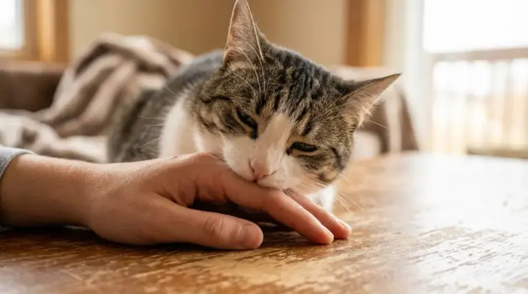 Gatto che morde piano la mano di una persona in casa, gesto tipico di gioco o affetto felino