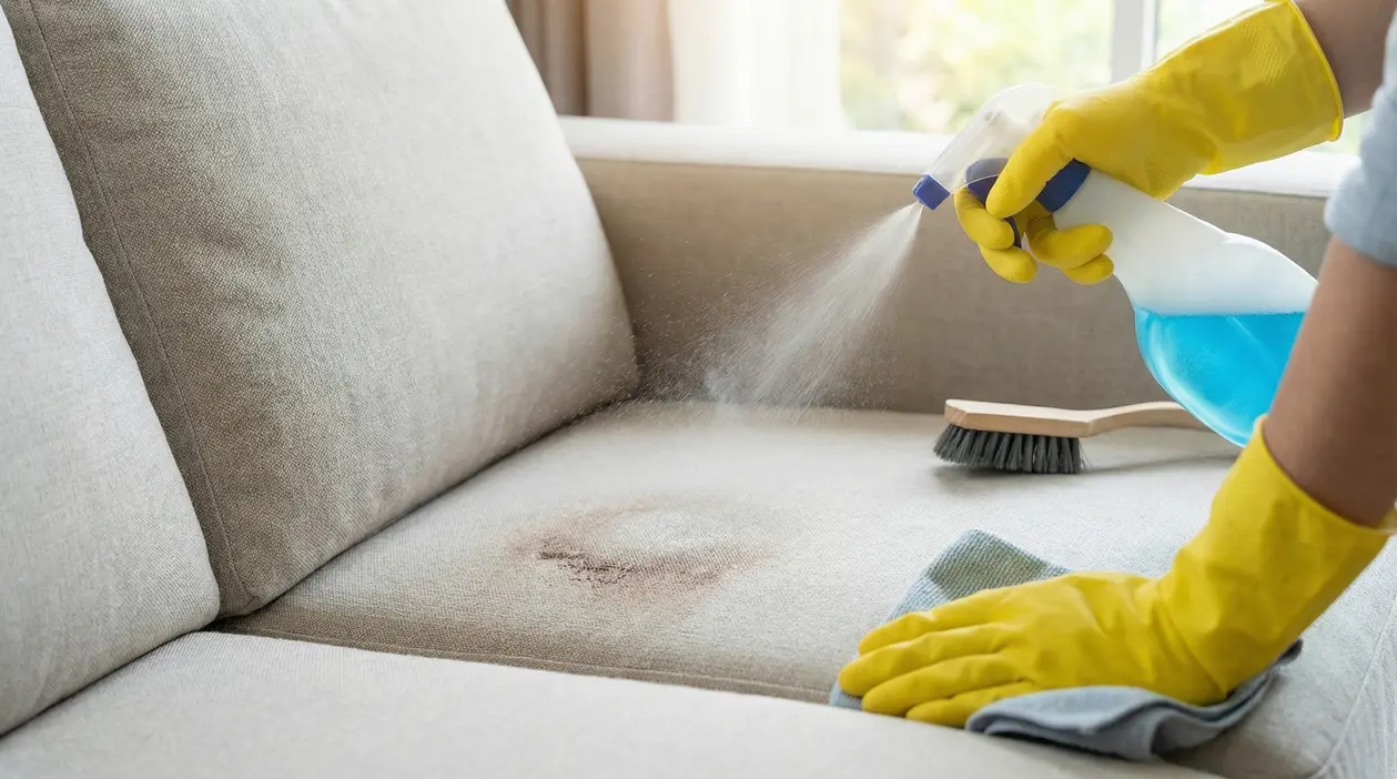 Mani con guanti spruzzano detergente e puliscono una macchia su divano in tessuto con spazzola e panno