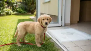 Cucciolo di cane al guinzaglio vicino alla porta di casa, sul prato, durante l’addestramento ai bisogni fuori