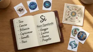 Taccuino aperto su un tavolo con carte dei segni zodiacali e ruota dello zodiaco accanto