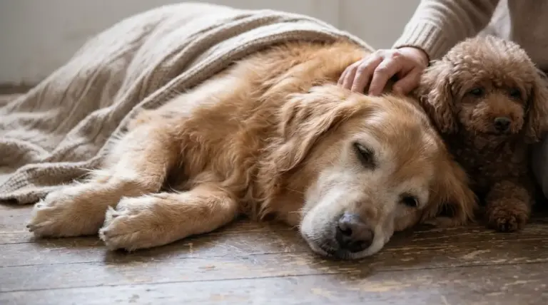 Cane anziano sdraiato sotto una coperta mentre una persona lo accarezza, accanto a un altro cane