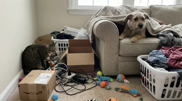 Cane sul divano e gatto tra scatole, cavi e bucato in una stanza disordinata