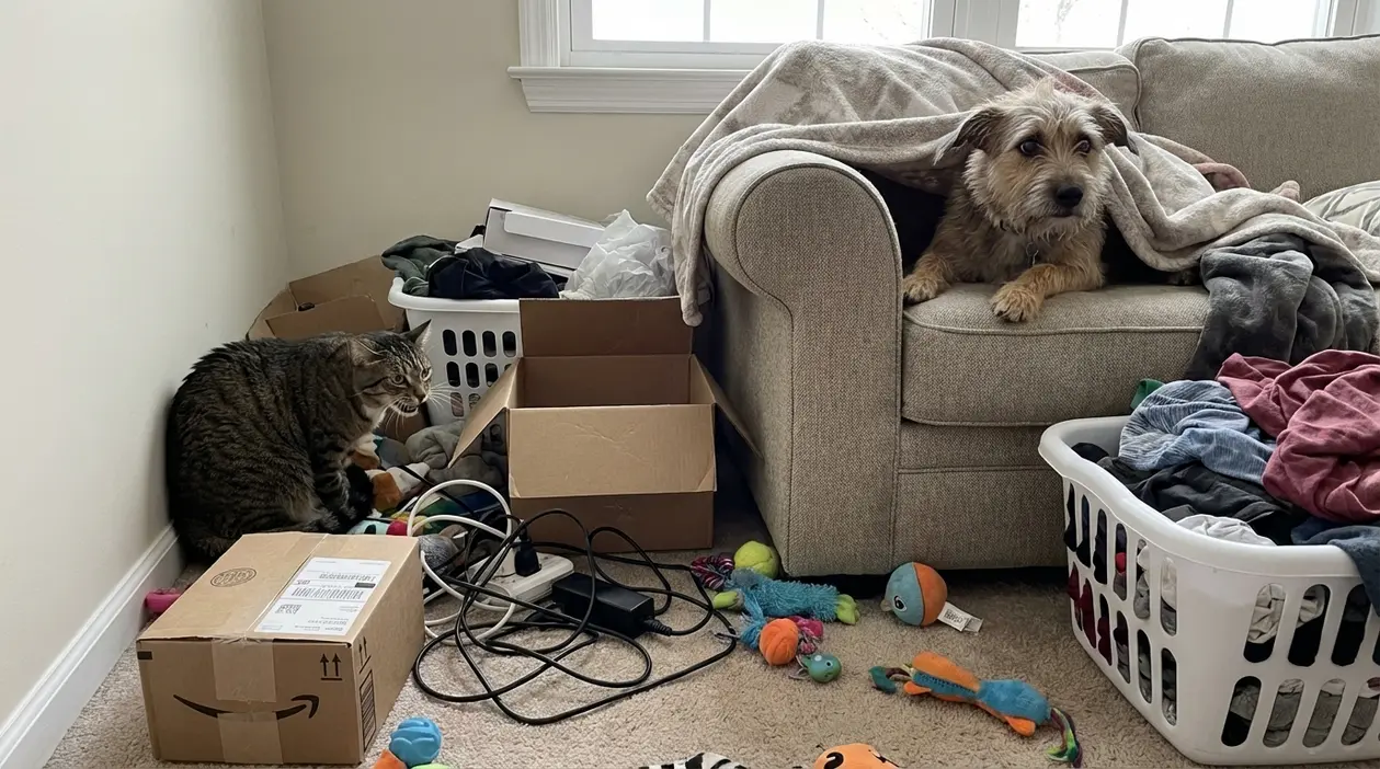 Cane sul divano e gatto tra scatole, cavi e bucato in una stanza disordinata