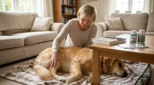 Donna controlla la zampa posteriore di un cane sdraiato in casa per valutare dolore alle articolazioni