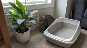 Gatto accanto alla lettiera vicino a una pianta in casa, possibile fonte di stress felino