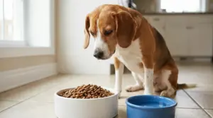 Cane davanti a una ciotola di crocchette e acqua in cucina, mentre osserva il cibo