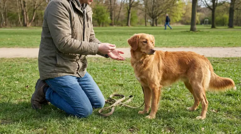 Persona che addestra un cane al parco con premio in mano durante un esercizio educativo