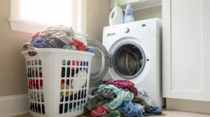 Cesto della biancheria pieno accanto a una lavatrice aperta, con vestiti accumulati sul pavimento