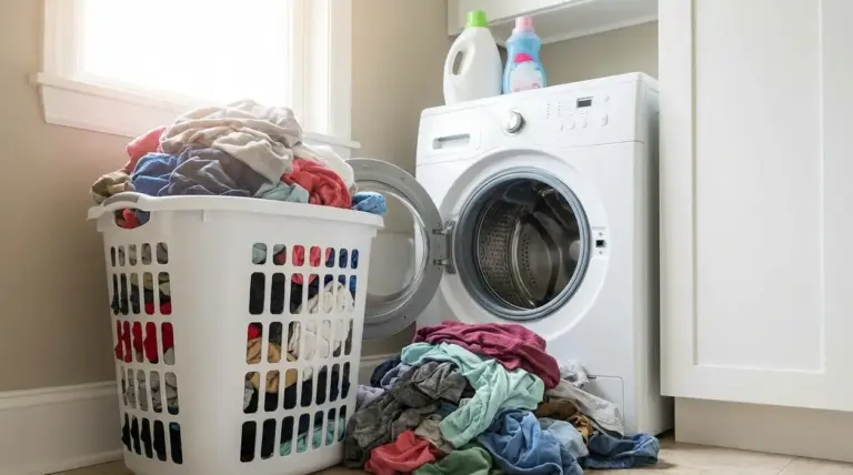 Cesto della biancheria pieno accanto a una lavatrice aperta, con vestiti accumulati sul pavimento
