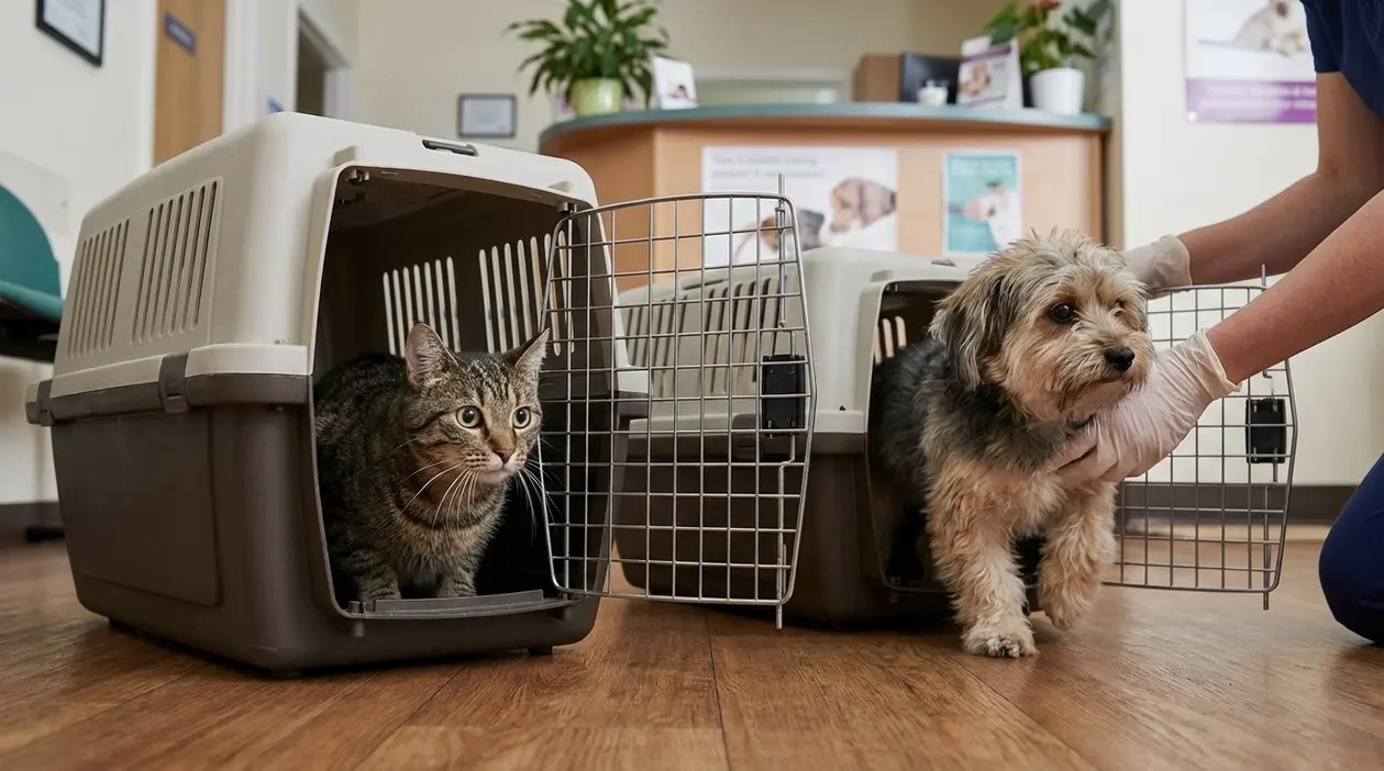 Gatto e cane nei trasportini in ambulatorio veterinario durante una visita, possibile fonte di stress per l’animale