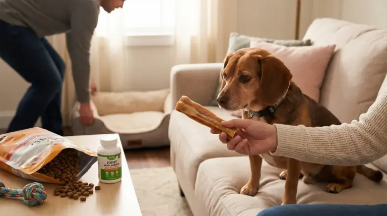 Cane sul divano mentre riceve uno snack, con cuccia e accessori sullo sfondo in salotto