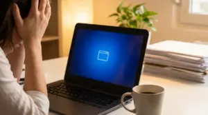 Persona preoccupata davanti a un portatile con schermata di errore, alla scrivania di casa o in ufficio