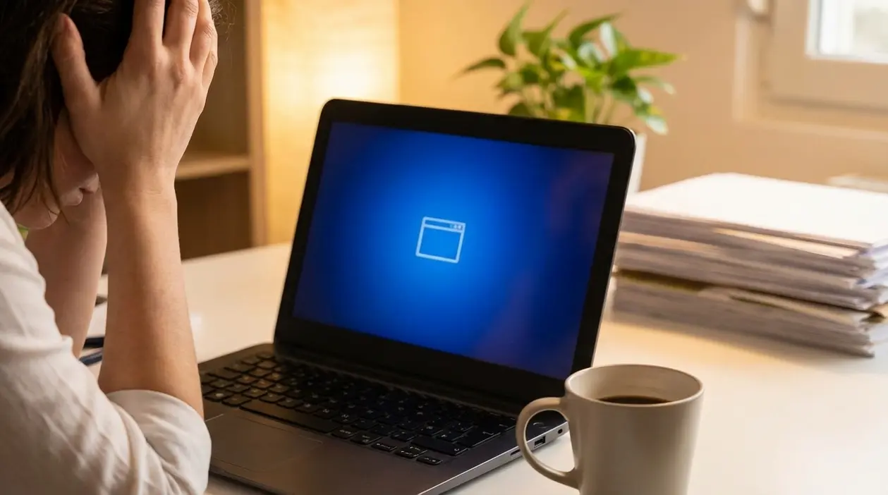 Persona preoccupata davanti a un portatile con schermata di errore, alla scrivania di casa o in ufficio