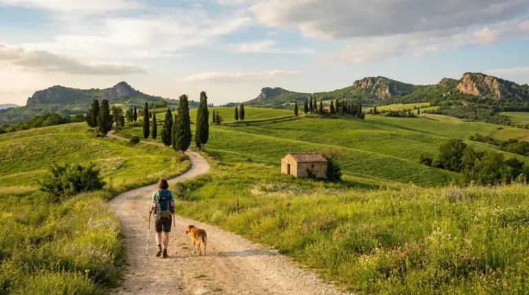 Escursionista con zaino e cane su sentiero tra colline verdi e cipressi, con casolare e montagne sullo sfondo