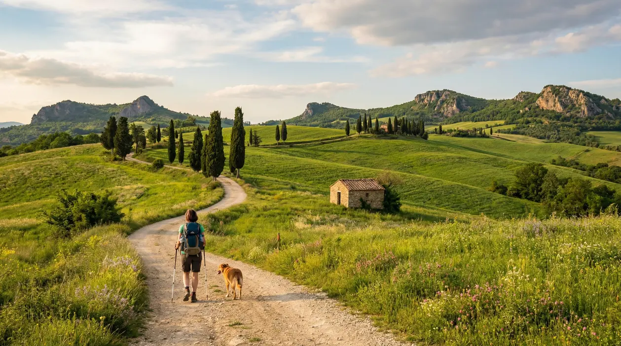 Escursionista con zaino e cane su sentiero tra colline verdi e cipressi, con casolare e montagne sullo sfondo