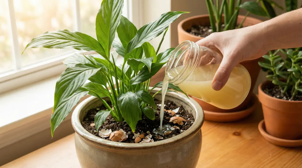 Mano che versa fertilizzante naturale liquido in un vaso con pianta verde da interno, con gusci d’uovo sul terriccio