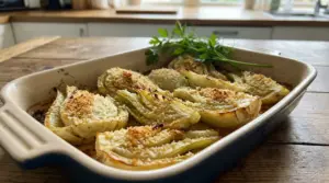 Finocchi al forno gratinati in teglia, con crosticina dorata e prezzemolo, su tavolo di legno in cucina