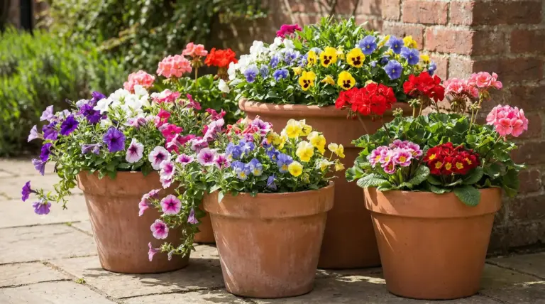Grandi vasi in terracotta con fiori colorati in piena fioritura su un patio, accanto a un muro di mattoni