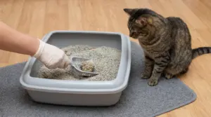 Persona con guanto pulisce la lettiera con paletta mentre un gatto tigrato osserva