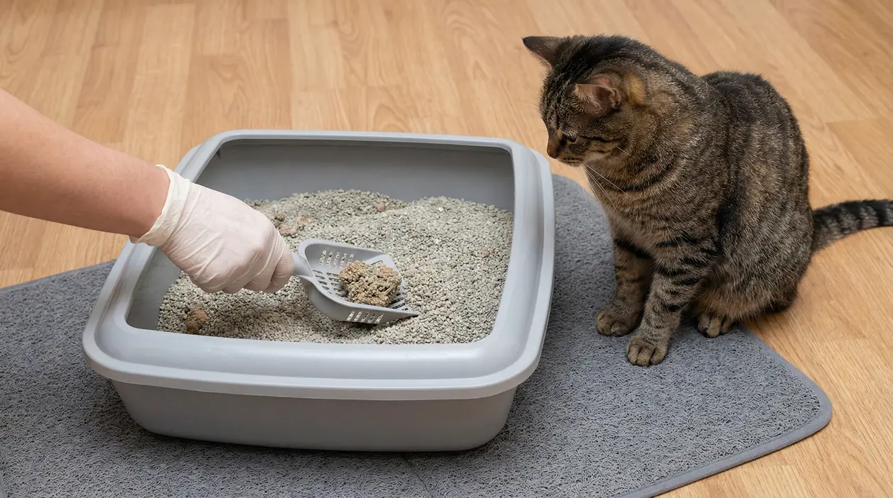 Persona con guanto pulisce la lettiera con paletta mentre un gatto tigrato osserva