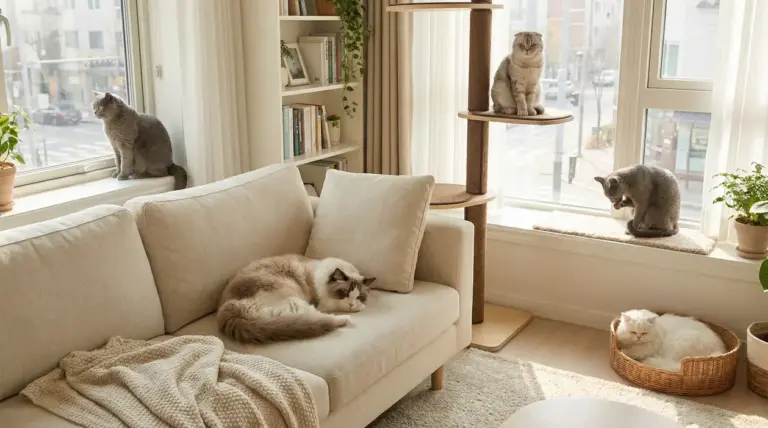 Cinque gatti tranquilli in salotto luminoso: uno sul divano, uno su tiragraffi, due sul davanzale e uno in cuccia