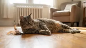 Gatto tigrato sdraiato sul pavimento di casa accanto a un gioco con piume