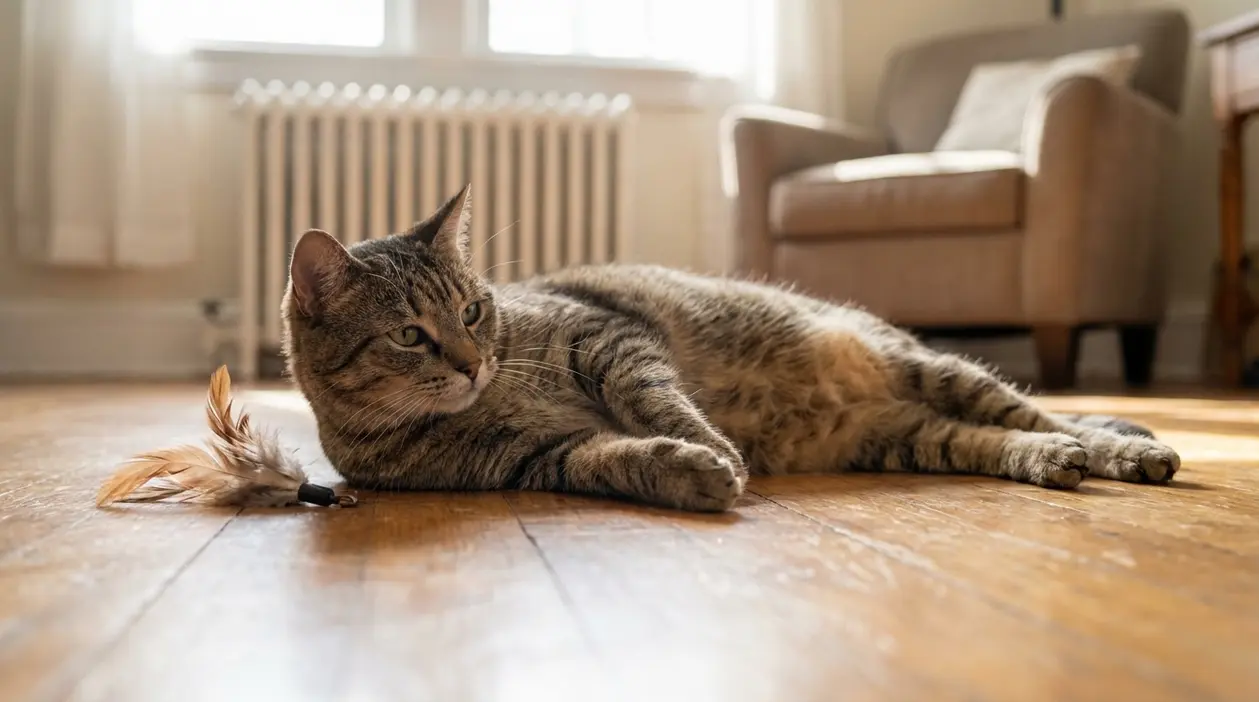 Gatto tigrato sdraiato sul pavimento di casa accanto a un gioco con piume