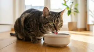 Gatto tigrato che beve acqua da una ciotola in casa